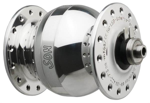SON delux wide-body Nabendynamo silber poliert 28 Loch 5 x 100 mm QR