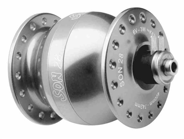 SON 28 Nabendynamo silber eloxiert 36 Loch 5 x 100 mm QR