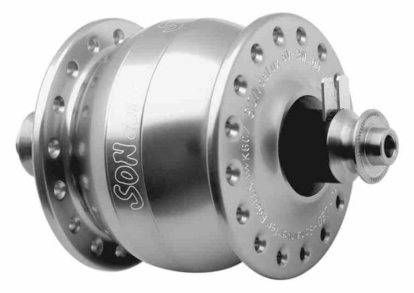 SON delux Nabendynamo silber eloxiert 32 Loch 5 x 100 mm QR