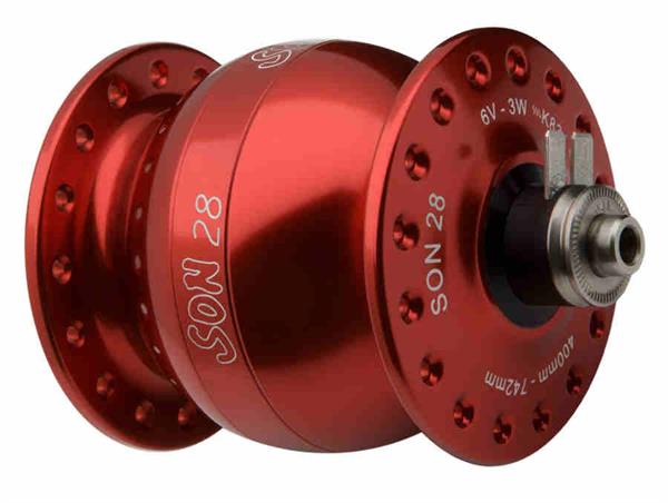 SON 28 Nabendynamo rot eloxiert 32 Loch 5 x 100 mm QR