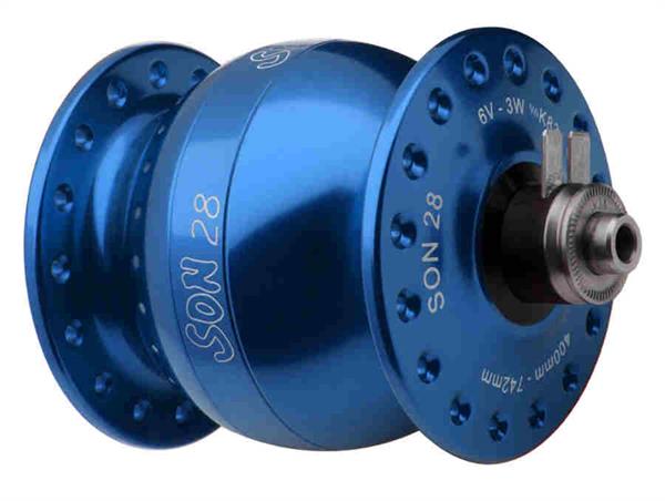 SON 28 Hub Dynamo blue anodized 36 hole 5 x 100 mm QR SON 28 Hub Dynamo blue anodized 36 hole 5 x 100 mm QR