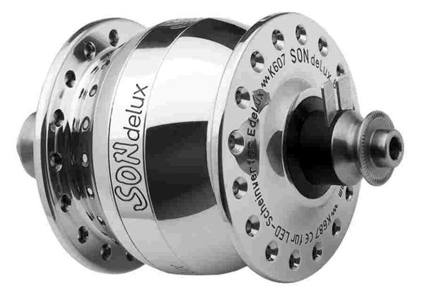 Nabendynamo SON delux silber poliert, 20 Loch 100mm für Schnellspanner