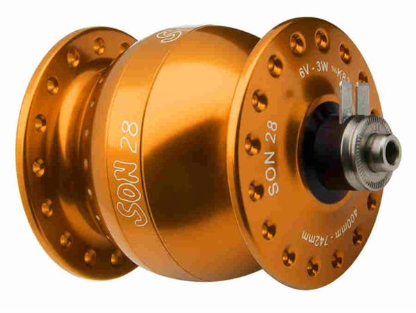 SON 28  Hub Dynamo orange anodized 36 hole 5 x 100 mm QR SON 28  Hub Dynamo orange anodized 36 hole 5 x 100 mm QR