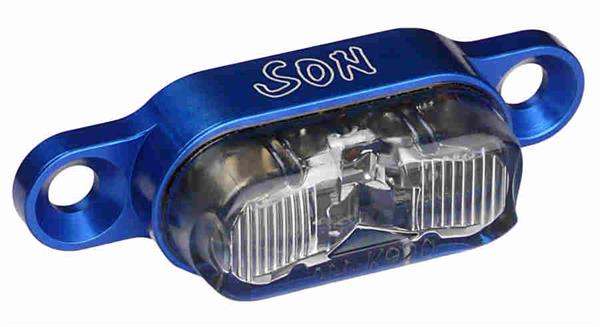 SON Rücklicht blau / klar für Gepäckträgermontage 50 mm Schraubenabstand SON Rücklicht blau / klar für Gepäckträgermontage 50 mm Schraubenabstand