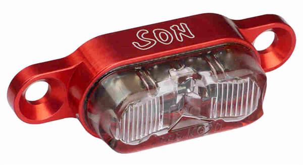 SON Rücklicht rot / klar für Gepäckträgermontage 50 mm Schraubenabstand SON Rücklicht rot / klar für Gepäckträgermontage 50 mm Schraubenabstand