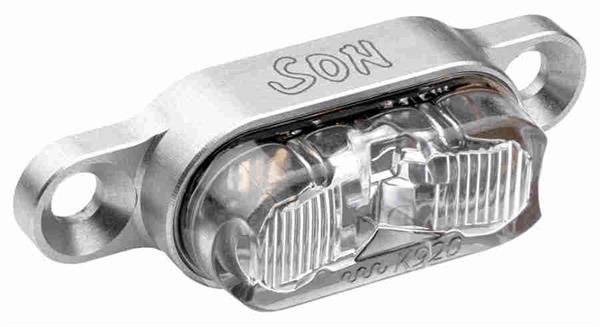 SON Rücklicht silber / klar für Gepäckträgermontage 50 mm Schraubenabstand